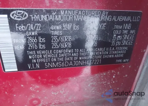 2022 Hyundai Santa Fe Xrt from USA, damaged, VIN 5NMS6DAJ0NH437221